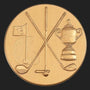 Metal Stickems 2-inch gold metal sticker with embossed golf flag, crossed clubs, and trophy design.