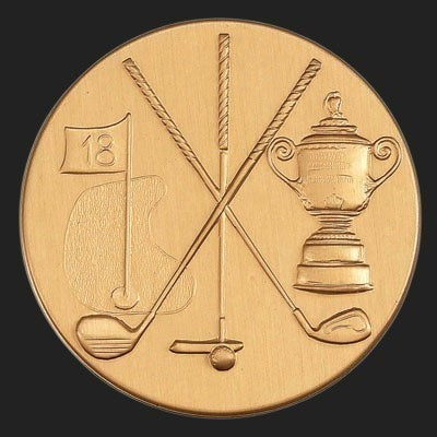Metal Stickems 2-inch gold metal sticker with embossed golf flag, crossed clubs, and trophy design.