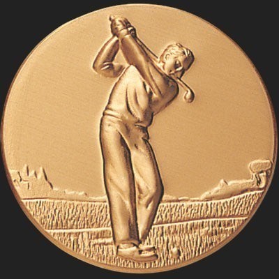 Metal Stickems 2-inch circular gold metal sticker featuring an embossed golf player in a classic swing pose.