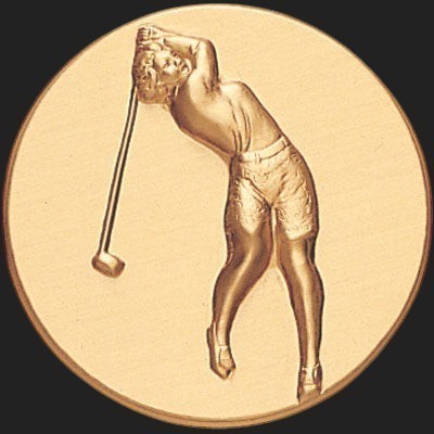 Metal Stickems 2-inch round gold-tone metal sticker featuring an embossed golf player in a swing pose.