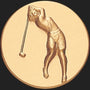 Metal Stickems 2-inch round gold-tone metal sticker featuring an embossed golf player in a swing pose.