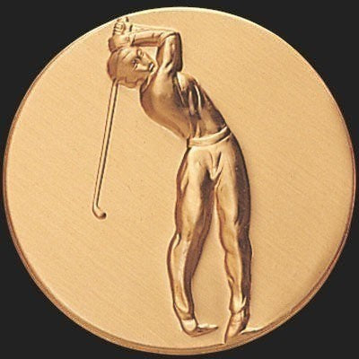 Metal Stickems 2-inch circular gold embossed golfer sticker for golf bags and personal gear.