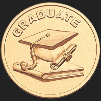 Metal Stickems 2-inch gold graduation sticker with embossed cap, diploma, and book design for academic milestones.