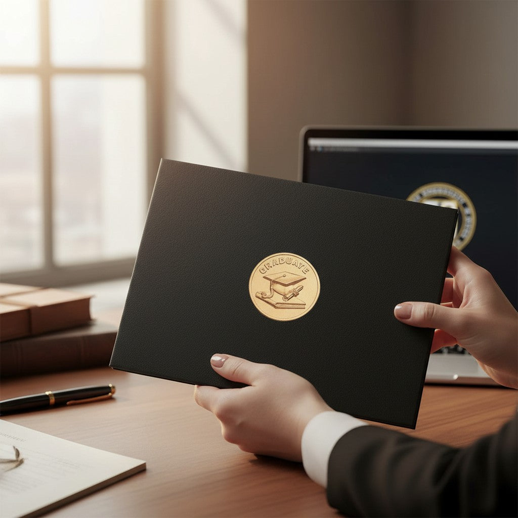 Metal Stickems 2-inch gold embossed graduate medallion sticker on a black diploma folder held by hands at a desk.