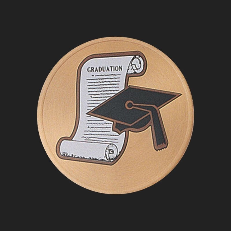 Metal Stickems 2-inch round graduation sticker featuring a diploma and cap design in a metallic bronze finish.