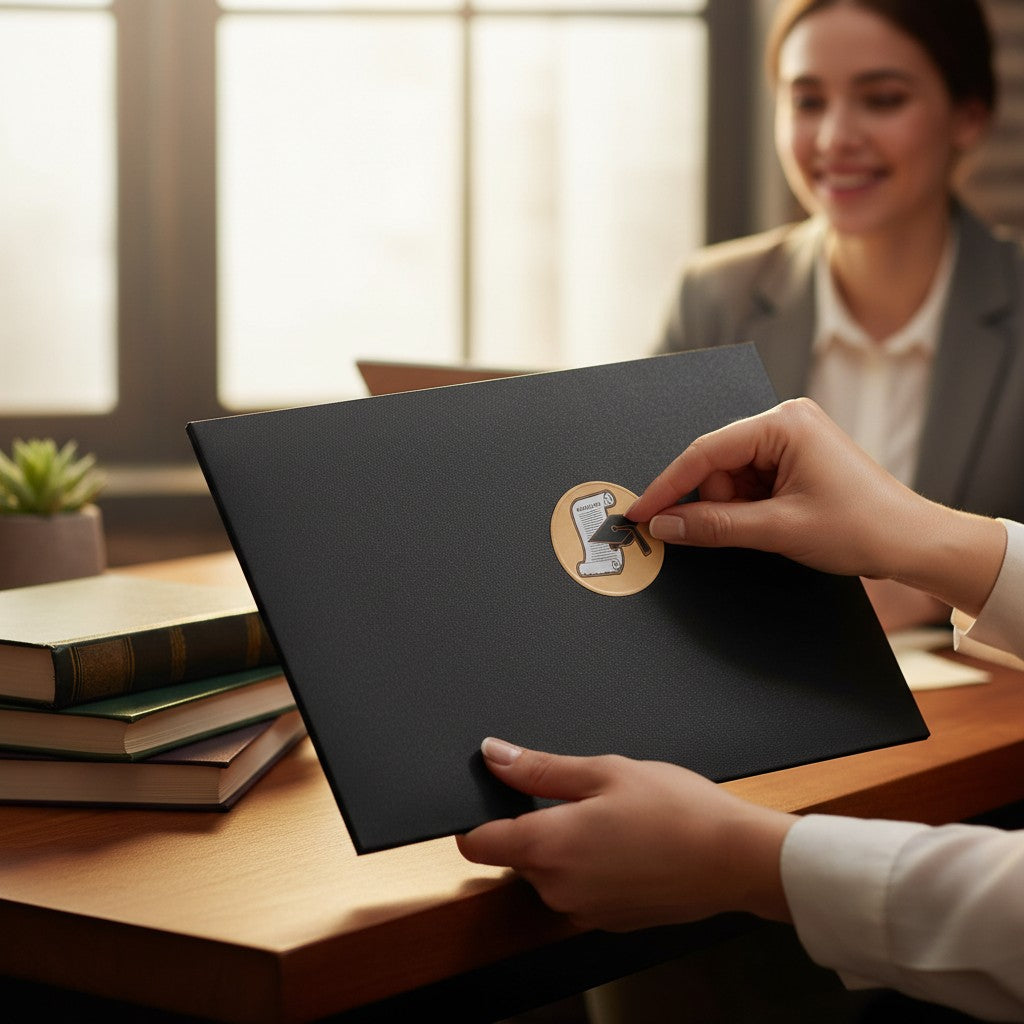 Metal Stickems 2-inch graduation cap and diploma metal sticker applied to a black folder by a smiling woman