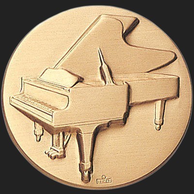 Metal Stickems 2-inch round metallic sticker featuring an embossed grand piano design for instrument cases or laptops.