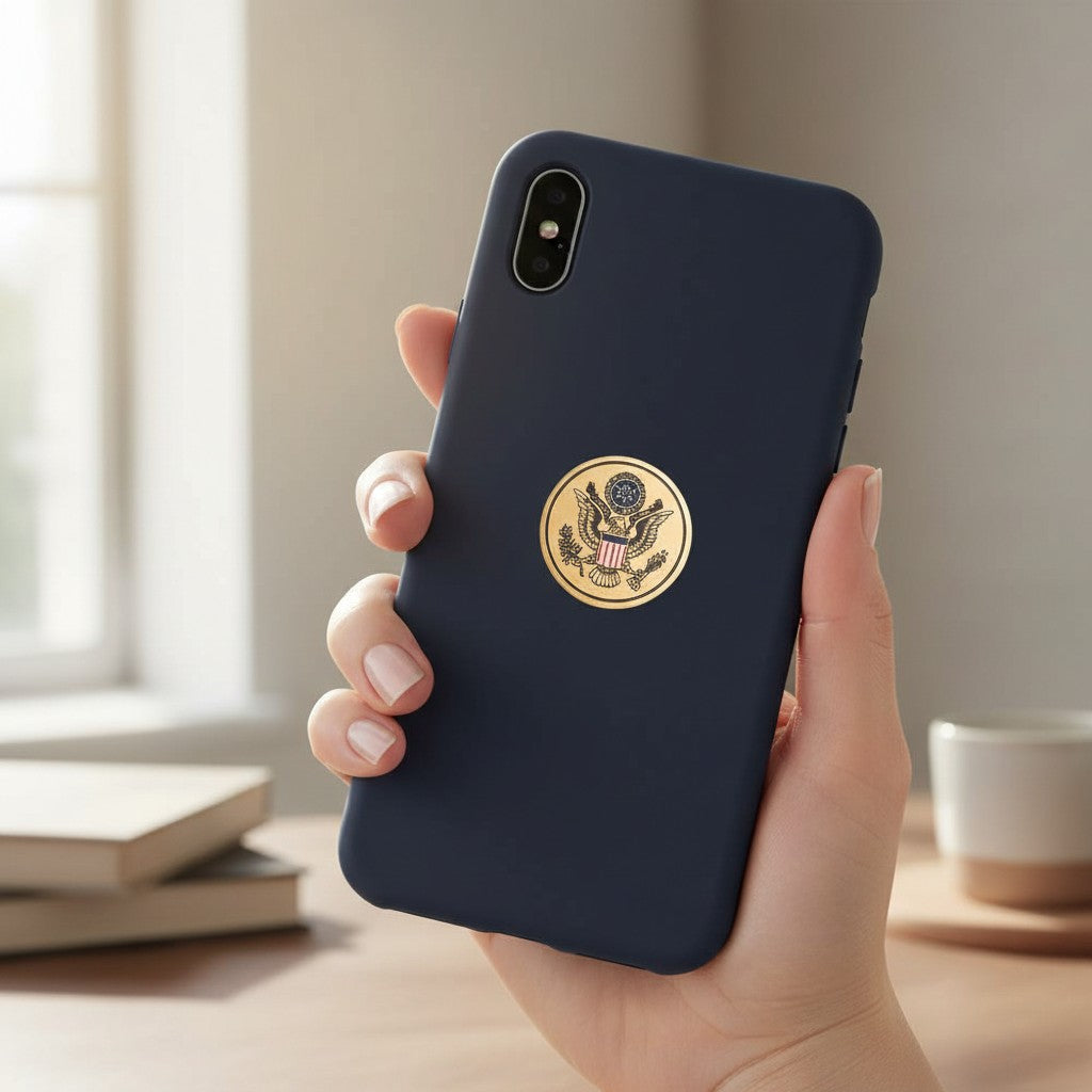 Metal Stickems gold-tone United States Great Seal metal sticker applied to a navy blue smartphone case