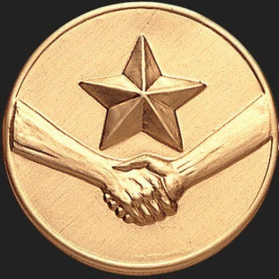 Metal Stickems 2-inch round adhesive emblem featuring a raised-relief handshake and star design in a metallic gold finish.