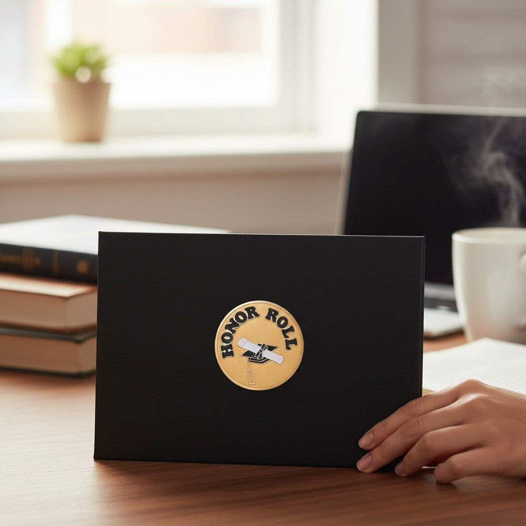 Metal Stickems 2-inch gold-tone Honor Roll sticker with graduation scroll icon on a black folder