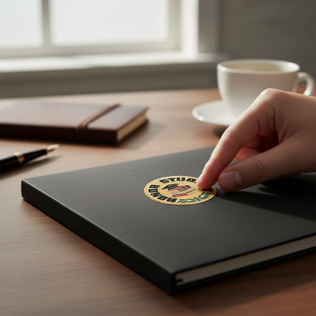 Metal Stickems 2-inch Honor Student sticker with metallic finish, graduation cap and book design, applied to a notebook.
