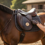 Metal Stickems gold-tone embossed horse head metal sticker applied to a brown leather horse saddle