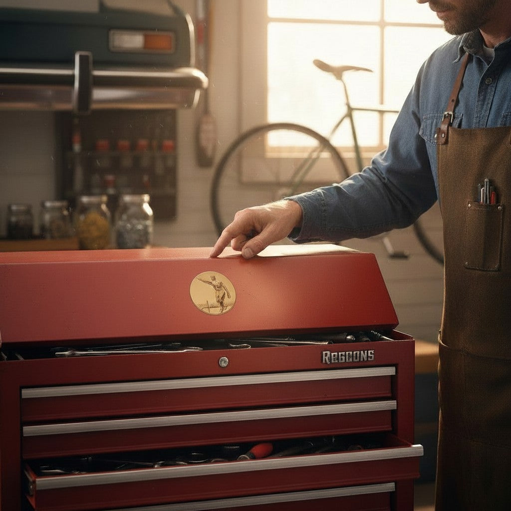 Metal Stickems gold-tone horseshoe pitcher sticker applied to a red metal toolbox in a workshop setting.