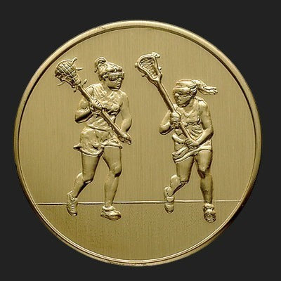 Metal Stickems 2-inch gold-tone adhesive sticker featuring an embossed design of two lacrosse players in action.