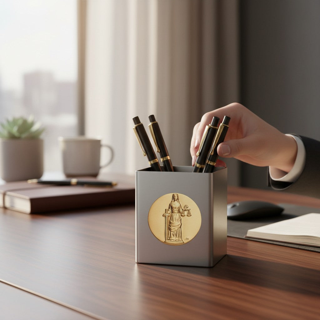 Metal Stickems Lady Justice gold-tone metal sticker applied to a silver pen holder on a professional office desk.