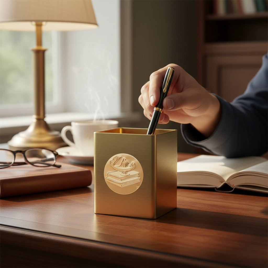 Metal Stickems Lamp of Knowledge metal sticker applied to a gold pen holder on a desk with books and a lamp