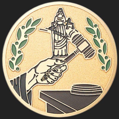 Metal Stickems 2-inch gold-toned metal sticker featuring a judge's gavel, scales of justice, and laurel leaves.