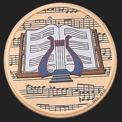 Metal Stickems 2-inch round metal sticker featuring a classic lyre instrument over musical sheet notation.