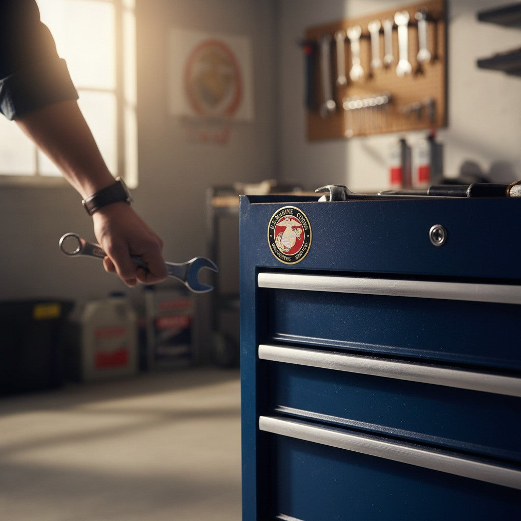 Metal Stickems US Marine Corps Recruiting Service metal emblem sticker applied to a blue metal toolbox in a workshop.