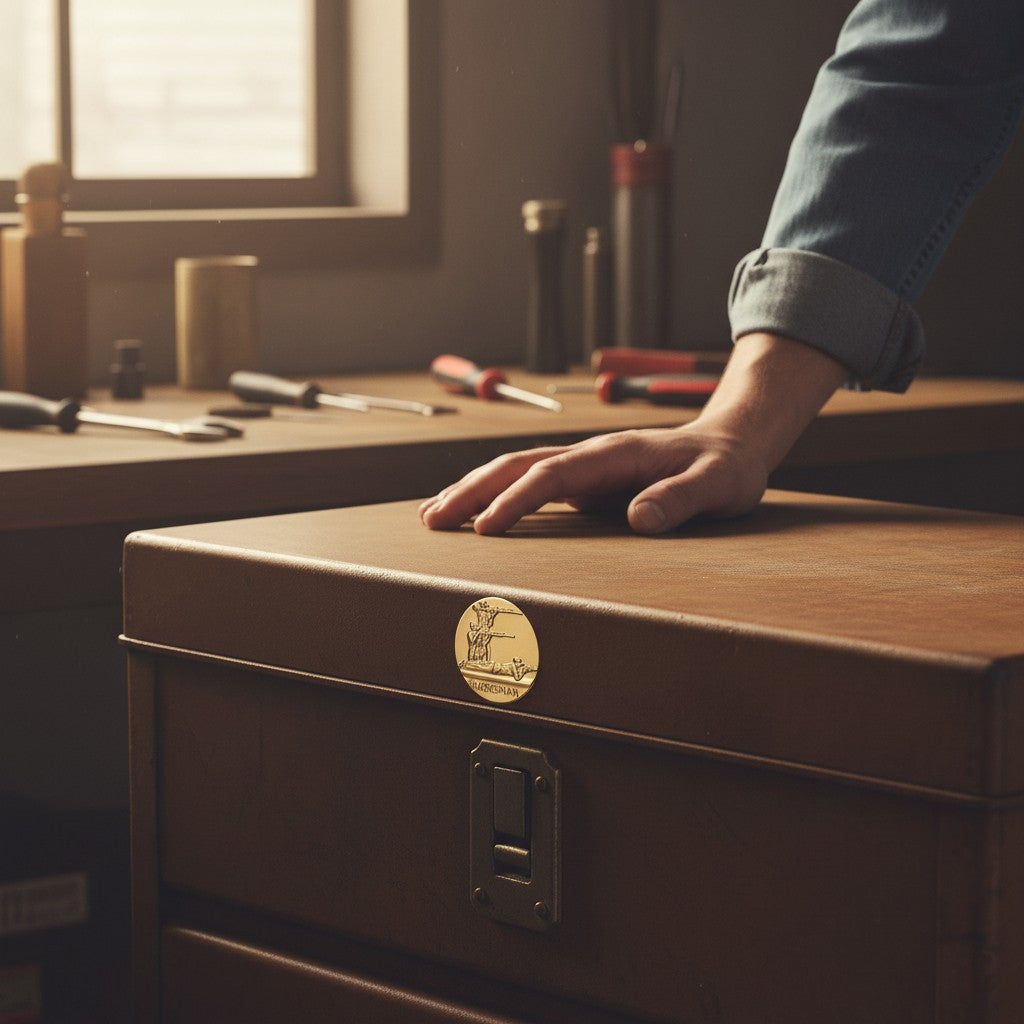 Metal Stickems gold-toned commemorative marksman round adhesive decal applied to a brown leather storage case