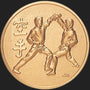 Metal Stickems 2-inch round gold-tone metal sticker featuring embossed martial arts figures and kanji characters.
