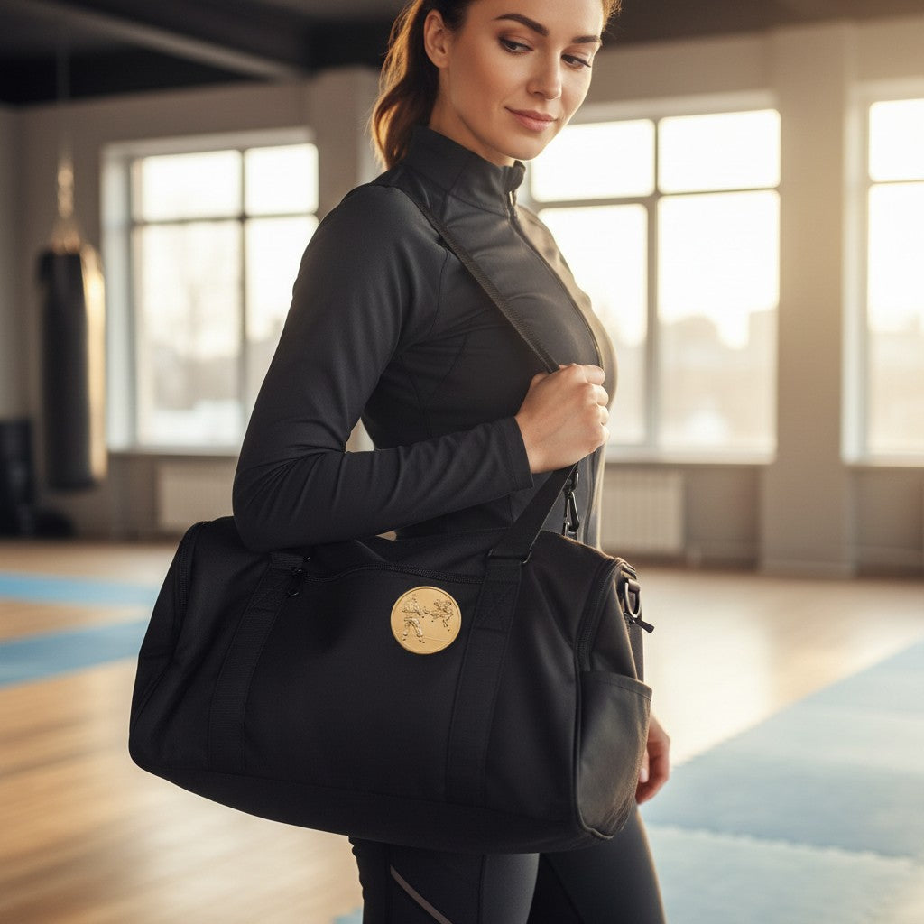 Metal Stickems 2-inch round gold martial arts adhesive metal sticker applied to a black gym bag in a fitness studio