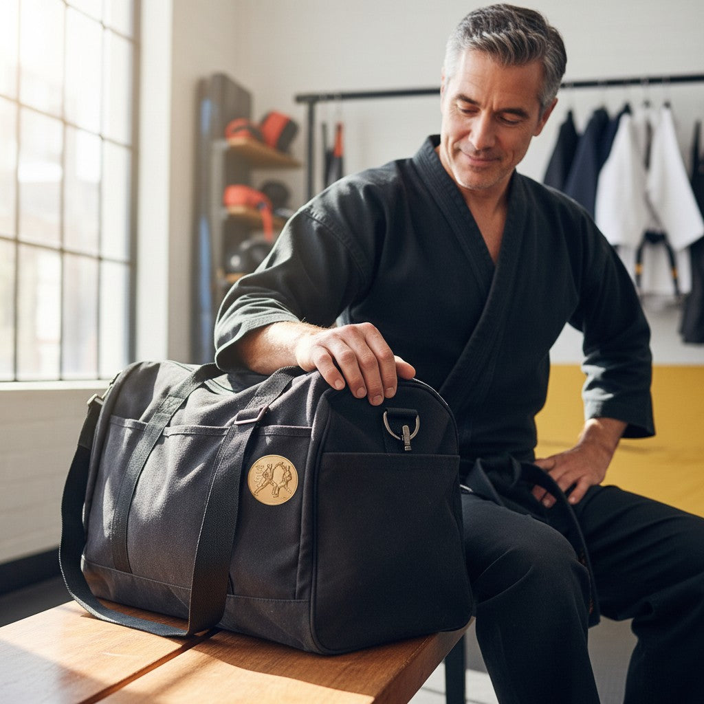 Metal Stickems gold martial arts round metal sticker applied to a black gym bag held by a man in a karate uniform