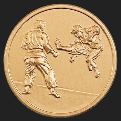 Metal Stickems 2-inch round gold metal sticker featuring an embossed martial arts combat scene for gear and awards.