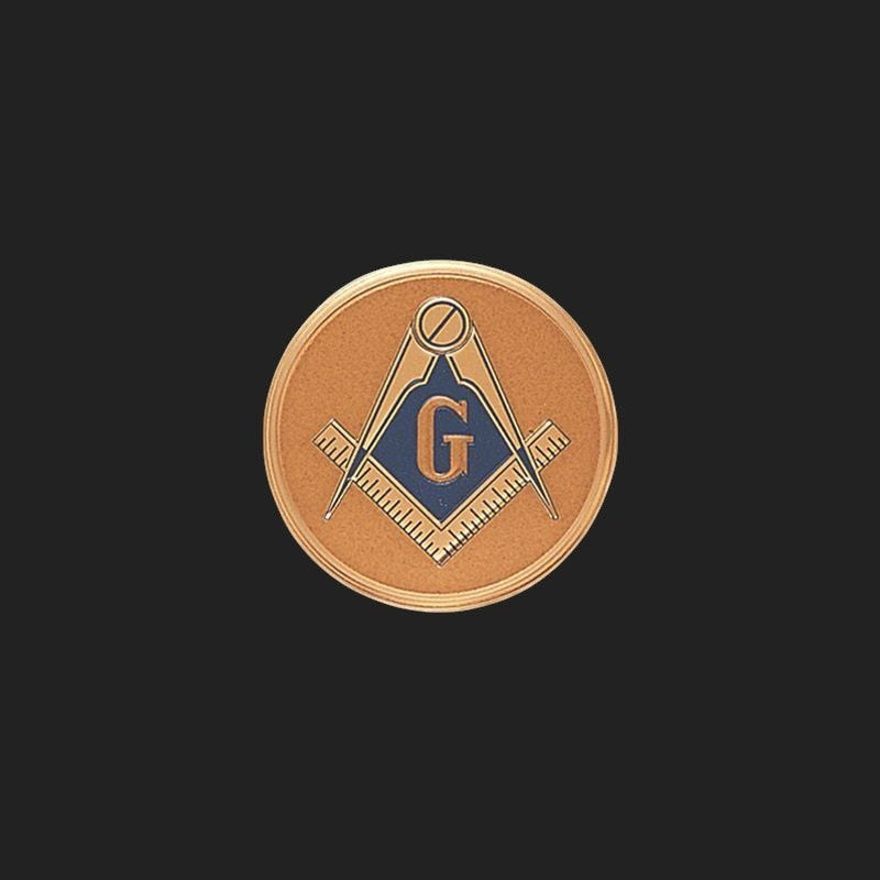 Metal Stickems Masonic Square and Compass emblem in gold and blue with a central G on a dark background.