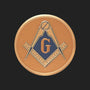 Metal Stickems 2-inch round Masonic emblem with gold square and compass and blue G symbol on a textured background