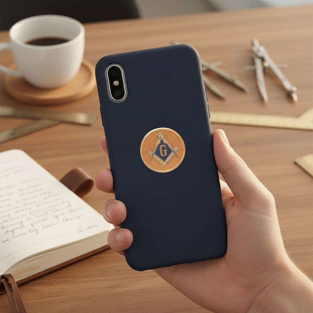 Metal Stickems Masonic Square and Compass gold and blue metal emblem sticker applied to a dark blue smartphone case.
