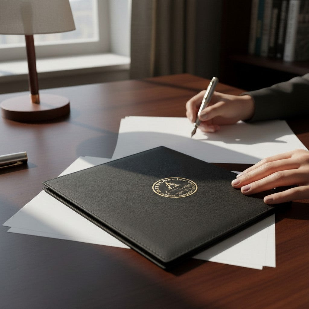 Metal Stickems circular mathematics sticker with gold equations on a black leather notebook on a wooden desk
