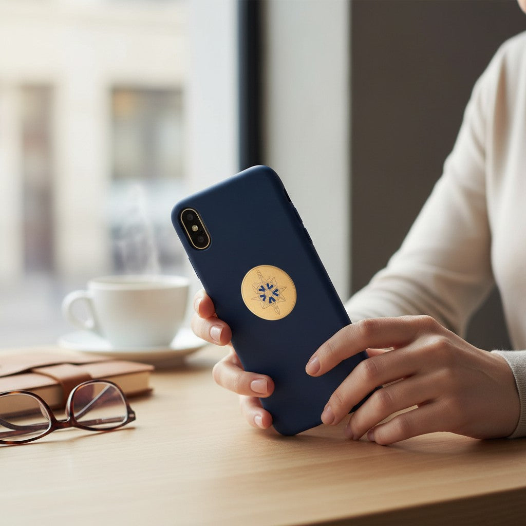 Metal Stickems Military Intelligence gold metal sticker applied to a blue smartphone held by a person at a desk.