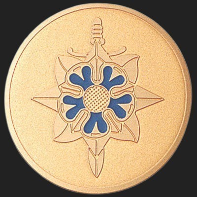 Metal Stickems 2-inch Military Intelligence emblem with a gold-tone finish and blue insignia detailing.