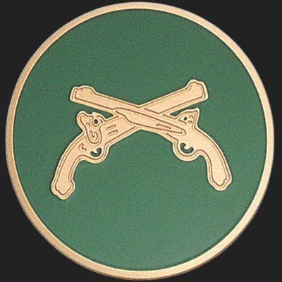 Metal Stickems 2-inch Military Police crossed pistols emblem with a green background and gold-tone border.
