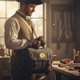 Metal Stickems gold Minuteman sticker on a canvas messenger bag held by a man in historical colonial attire