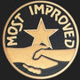 Metal Stickems 2-inch circular award sticker with gold handshake and star emblem on a black background.