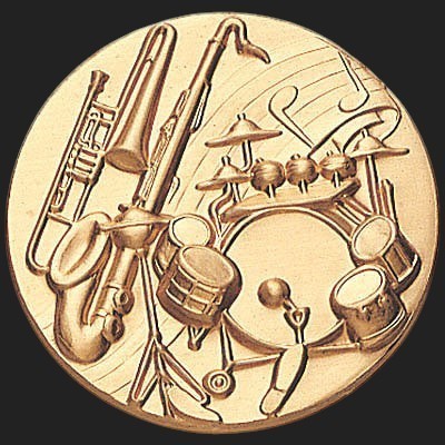 Metal Stickems 2-inch gold metal sticker featuring an embossed saxophone, trumpet, and drum kit design.