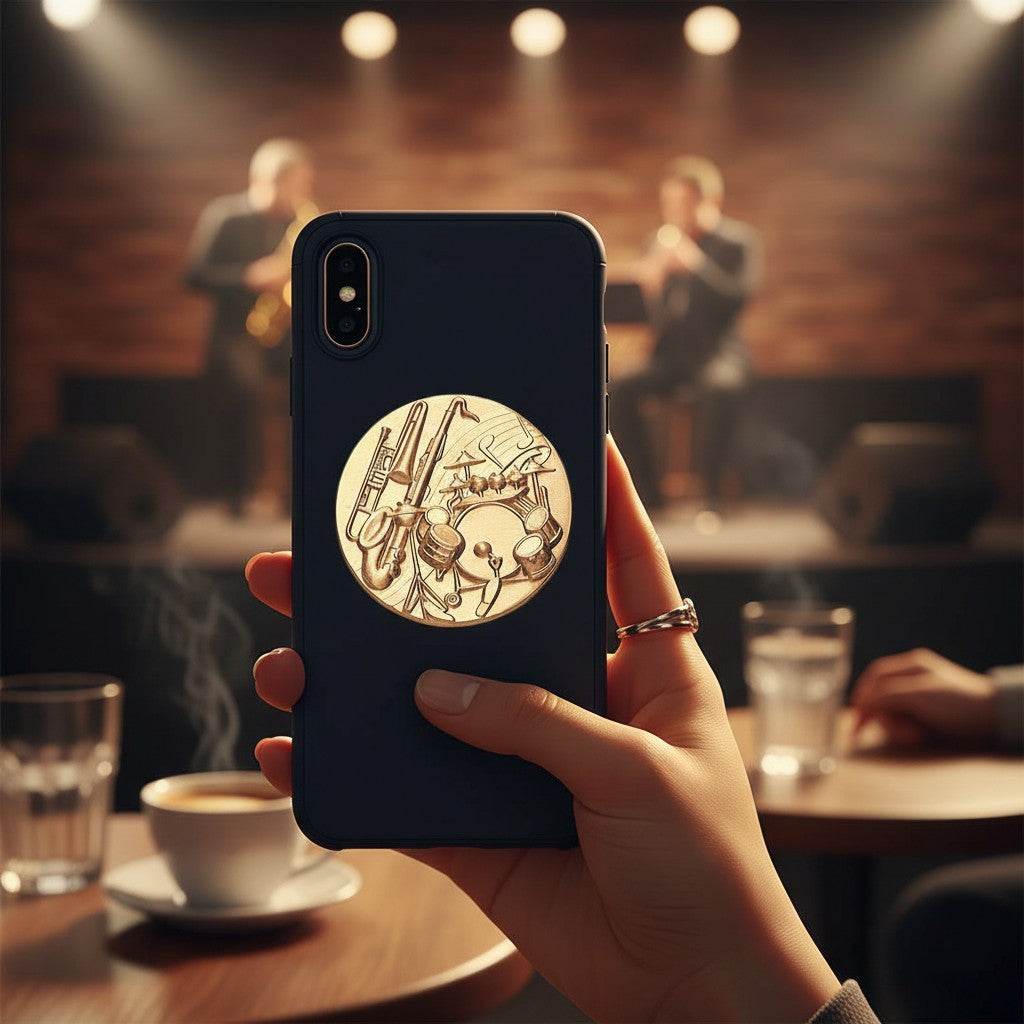 Metal Stickems 2-inch embossed metal sticker featuring musical instruments on a black smartphone case in a jazz club.