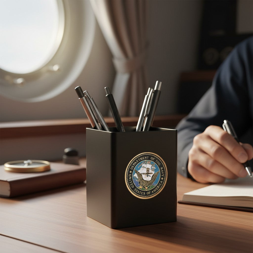 Metal Stickems Department of the Navy metal sticker featuring the official seal on a black desk pen holder