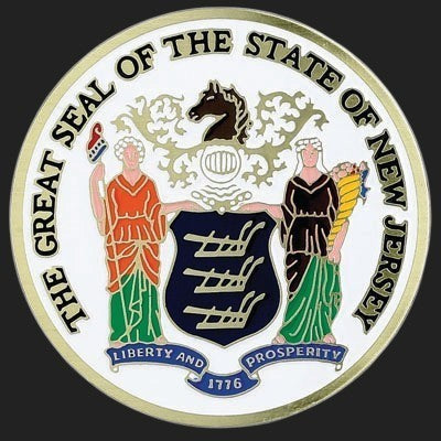 Metal Stickems 2-inch New Jersey State Seal metal emblem with vibrant colors and adhesive backing.