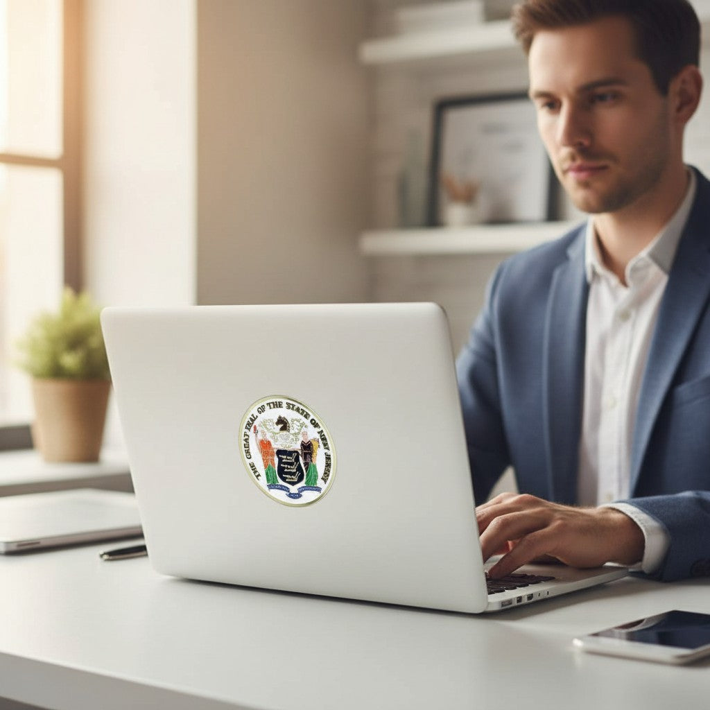 Metal Stickems 2-inch New Jersey State Seal metal sticker applied to the back of a laptop held by a man in a suit.