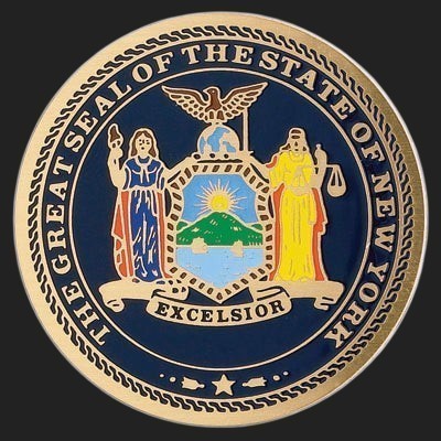 Metal Stickems 2-inch New York State Seal metal sticker with vibrant colors and Excelsior motto on a dark background.