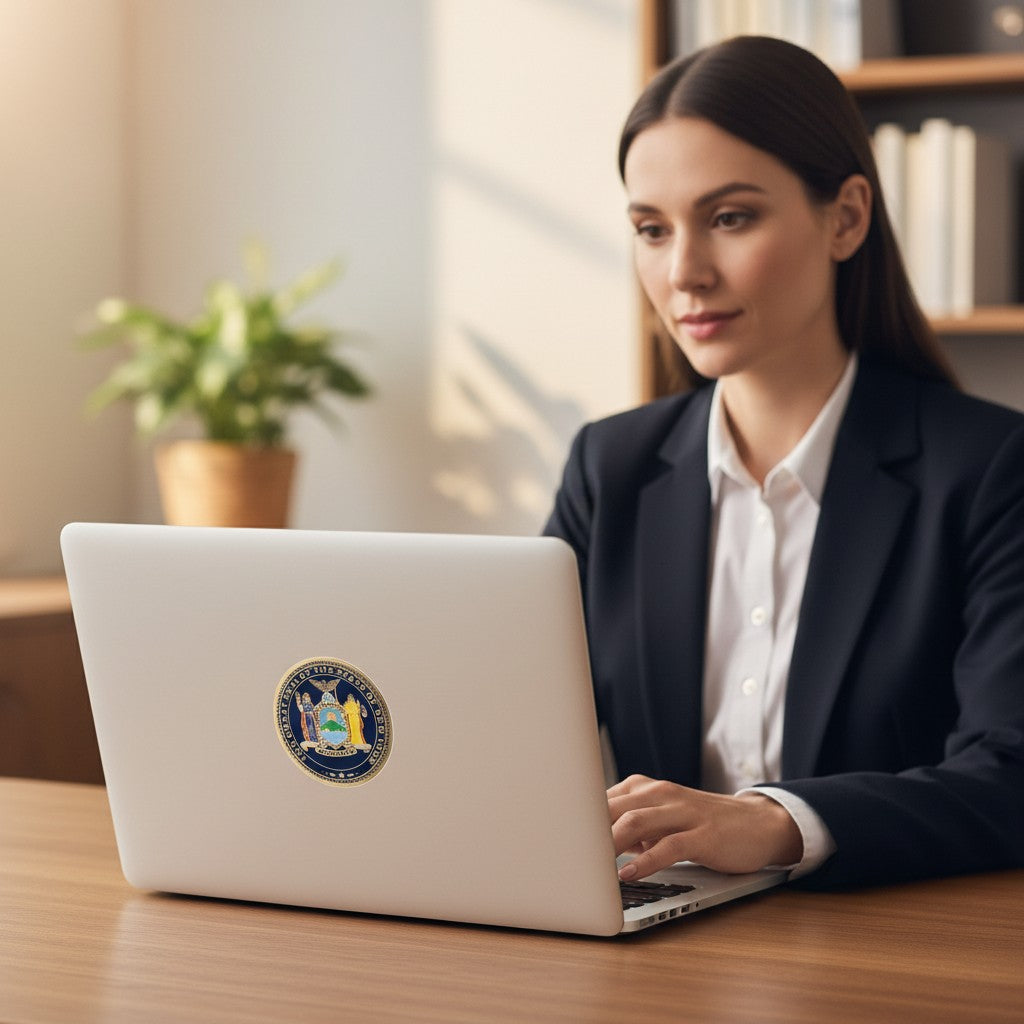 Metal Stickems 2-inch New York State Seal metal sticker applied to a laptop used by a woman in a professional office