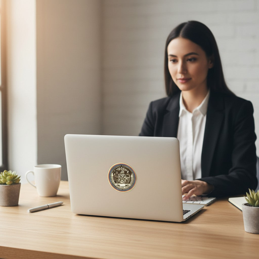 Metal Stickems 2-inch New York City seal metal sticker applied to a laptop on a desk with a woman working