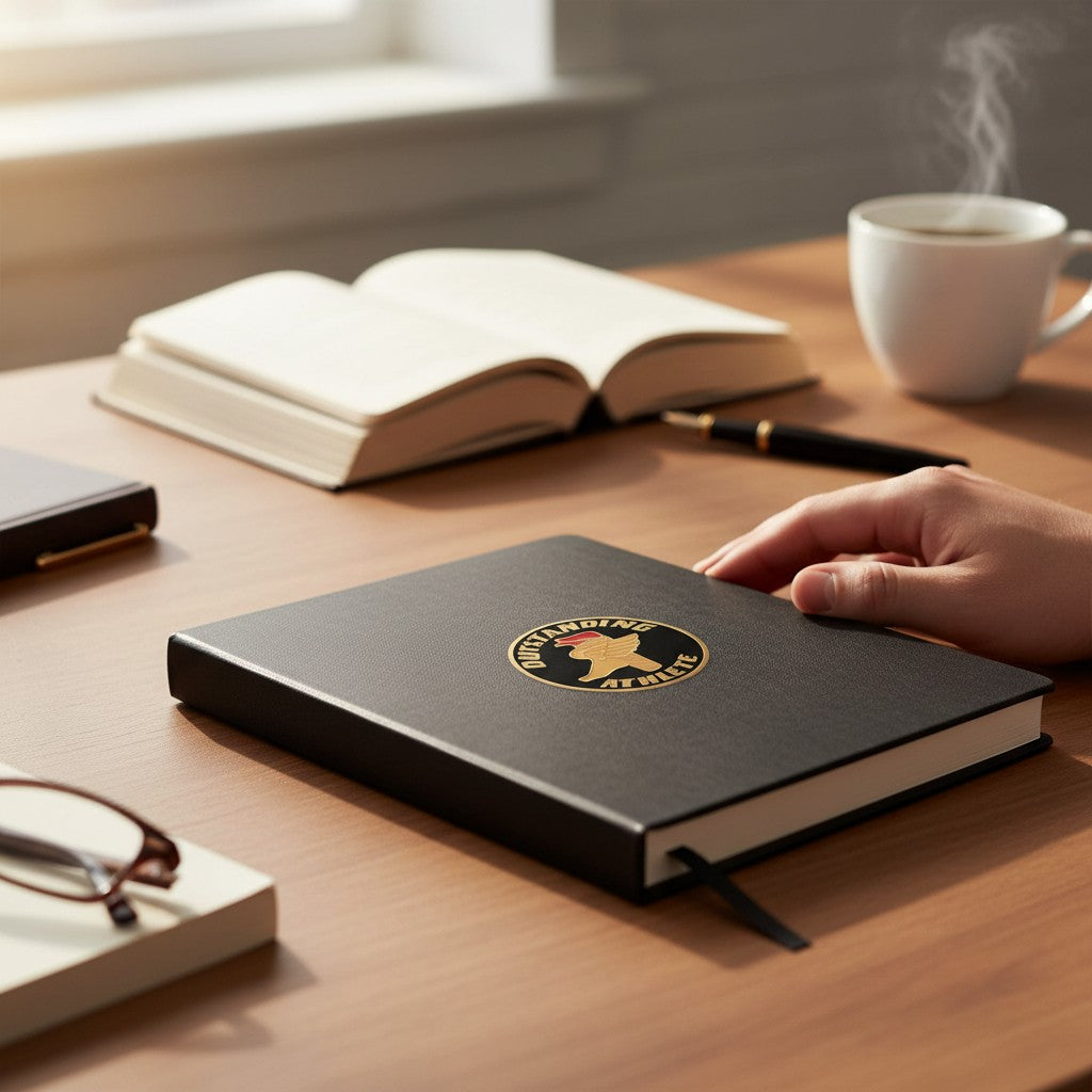 Metal Stickems Outstanding Athlete circular metal sticker with gold and red emblem on a black notebook on a desk