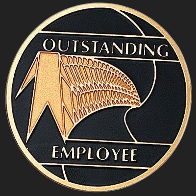 Metal Stickems 2-inch round adhesive metal sticker in black and gold for Outstanding Employee recognition.