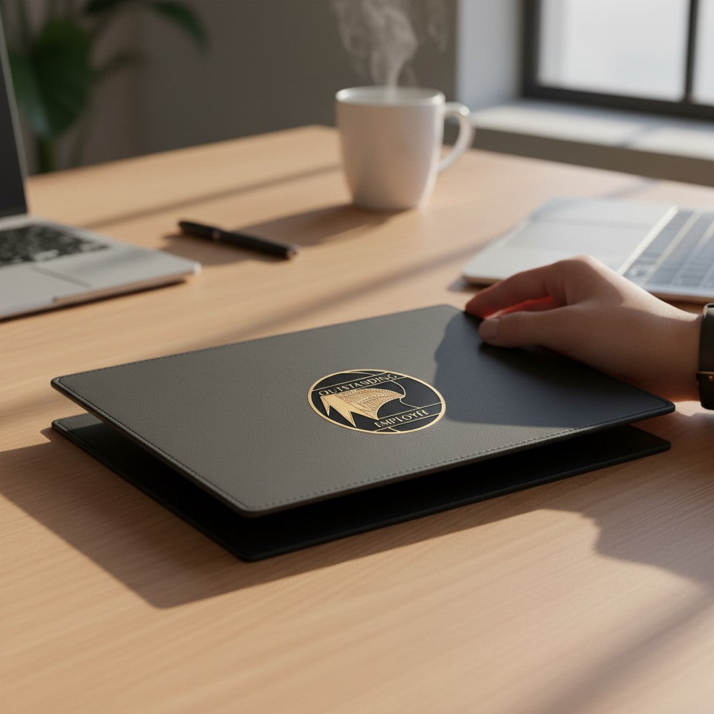 Metal Stickems 2-inch round Outstanding Employee metal sticker in black and gold applied to a leather folder on a desk.