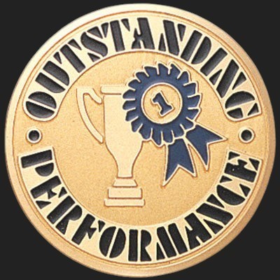 Metal Stickems 2-inch gold award sticker with embossed trophy and ribbon design for performance recognition.