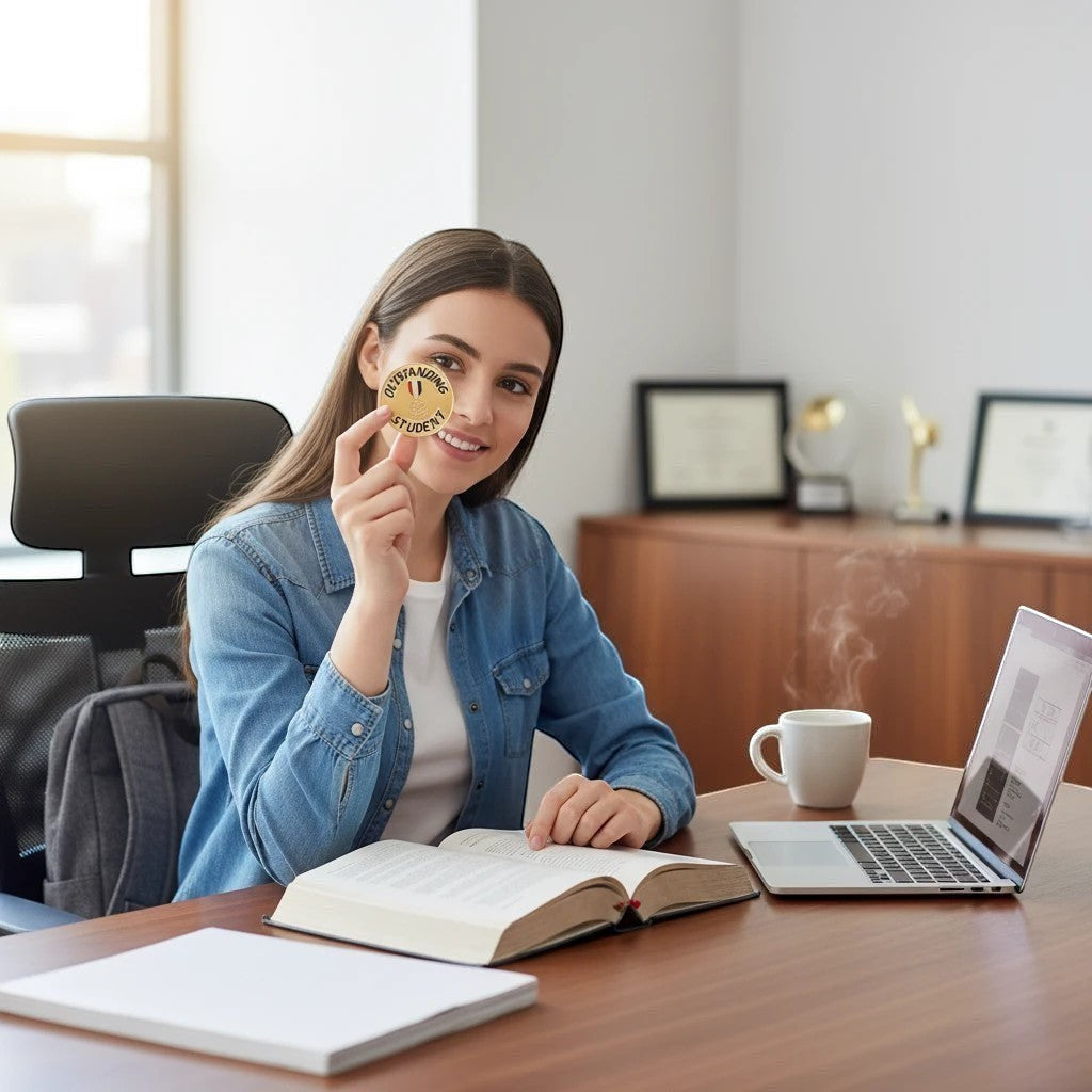 A woman in an office holds a 2-inch gold Metal Stickems award sticker featuring a lamp of knowledge emblem.